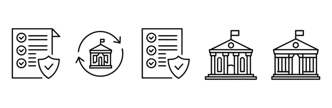 Policy development web banner icons, vector concept featuring policy strategy, reform, policy impact, and public governance symbols for government planning, civic administration, and institutional dec