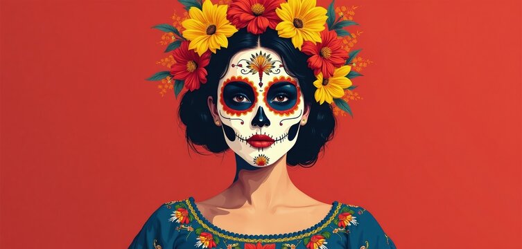 Woman with skull face paint and floral crown wears Mexican dress. Day of Dead art, festive cultural celebration. Vibrant traditional look on red background.
