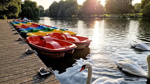Pedal boats and white swans on a lake at sunset