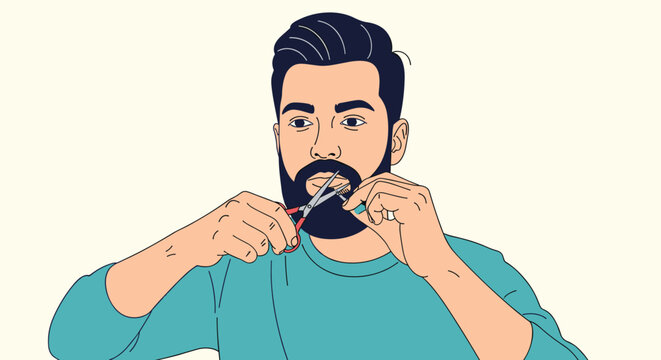 Young man with a dark beard meticulously trimming his facial hair with a pair of scissors in a self care grooming illustration.