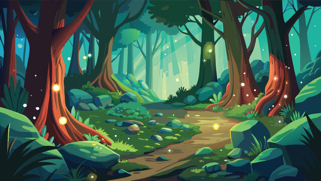 Magical forest path with glowing fireflies in a mysterious green woodland landscape Vector