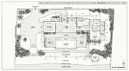 Obraz premium Architectural site plan for a beachfront residential villa with pool and garden