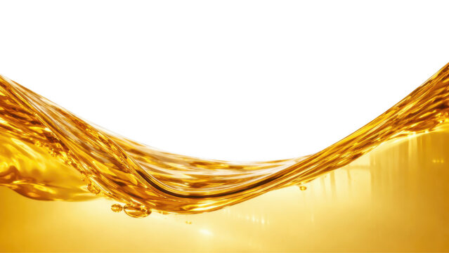 Golden liquid wave with air bubbles representing engine motor oil lubrication or organic cooking oil pouring