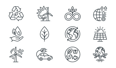 Ecology and environment line icon collection in modern minimal outline style for sustainability climate and global nature balance isolated on white background © Forhad