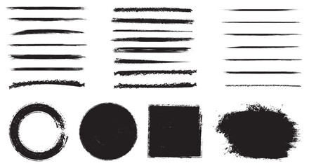 Hand drawn brush strokes vector set with doodle underlines strikethrough lines calligraphic ink pen marks rough scribble emphasis highlights and black marker paint borders. © VectorHive Studio