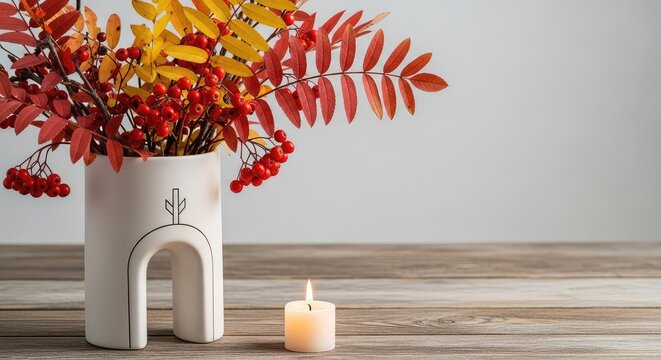 A minimal white ceramic vase filled with colorful fall branches and red berries stands on a wooden table beside a glowing candle flame, aesthetic, warm, soft