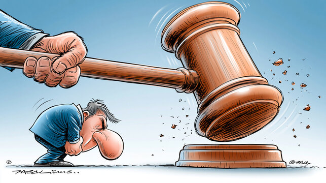 Karikatur eines Mannes, der sich duckt, w&auml;hrend ein riesiger Holzhammer eines Richters auf ihn niederschl&auml;gt.