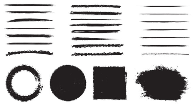 Hand drawn brush strokes vector set with doodle underlines strikethrough lines calligraphic ink pen marks rough scribble emphasis highlights and black marker paint borders.