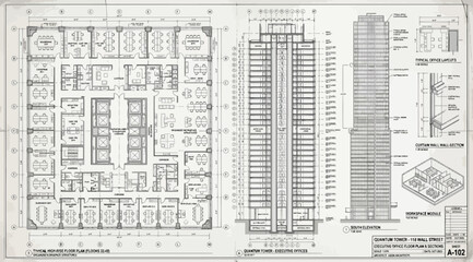 Detailed architectural blueprints of a highrise office tower © S.Siam