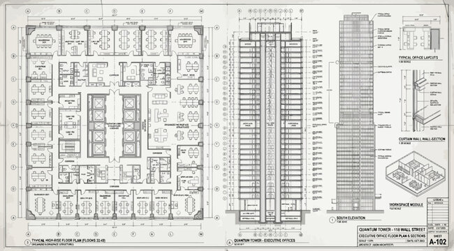 Detailed architectural blueprints of a highrise office tower