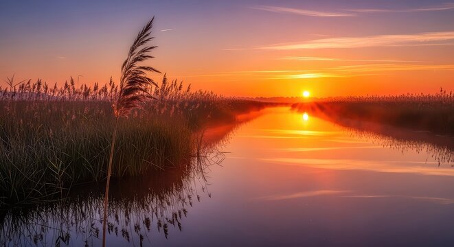 A serene wetland scenery featuring golden reeds swaying gently beside a calm waterway under a soft morning mist with vibrant sunset colors, light, serenity, reflection