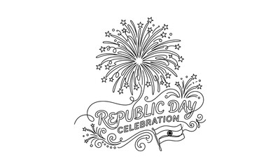 Obraz premium Republic day celebration illustration with fireworks and decorative text isolated on white background, Vector silhouette one line art editable