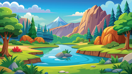 Obraz premium Beautiful landscape illustration with a river flowing through mountains and green forest trees Vector