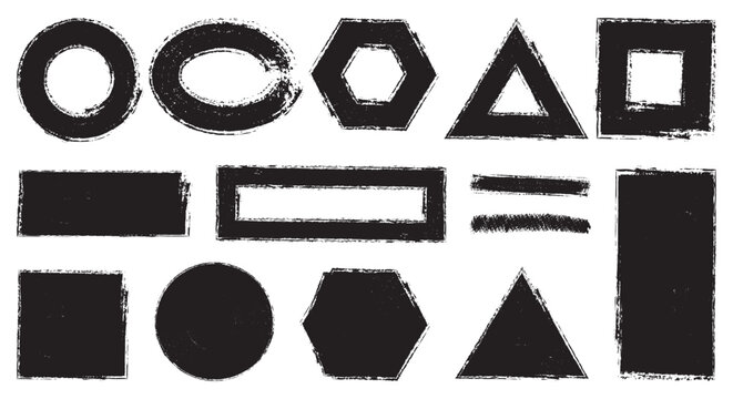Hand drawn grunge geometric shapes vector set with black ink textured frames circles squares triangles rectangles and hexagons for vintage logo design elements isolated on white background.