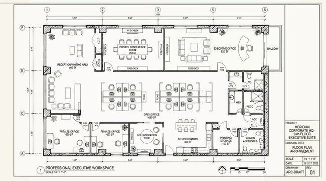 Detailed architectural floor plan for a large corporate executive workspace and office suite