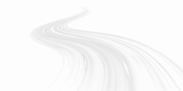 An abstract black and white vector illustration features a long winding highway path with a dynamic curve pattern creating a sense of motion and fast speed transportation perspective