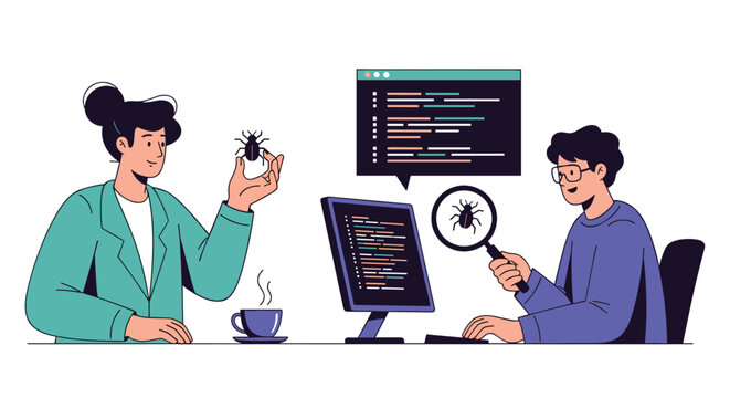 Software developers at work debugging code on computer monitors with magnifying glasses and bug icons to represent programming.