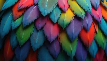 Obraz premium Bright parrot feathers form a colorful layered pattern. Close up view shows vivid green, blue, purple, red hues. Detailed natural texture creates vibrant background.