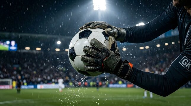 Dynamic close-up of a professional goalkeeper making a crucial catch in a rainy night soccer match, perfect for sports event promotion.