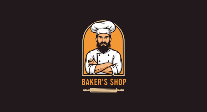 Professional baker logo features a bearded man in a chef hat and white uniform with crossed arms and a rolling pin graphic.