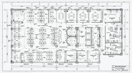 Fototapeta premium Architectural floor plan of a modern office space layout with workstations and meeting rooms