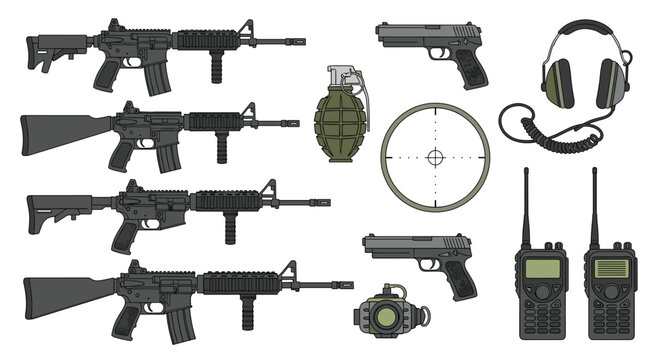 Military equipment collection features tactical rifles, handguns, grenades, a target reticle, communication radios, and noise-canceling headsets.