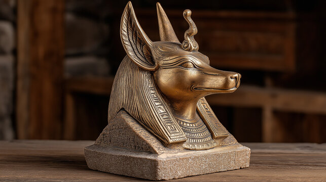 Anubis Sculpture: A detailed bronze sculpture of the jackal-headed Egyptian god Anubis stands solemnly, adorned with ancient hieroglyphs, evoking a sense of mystery and timeless reverence.
