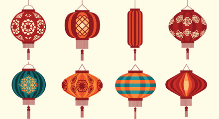 Naklejka premium Set of eight traditional Chinese lanterns in various shapes and shades of red and orange are decorated with classic patterns and tassels.