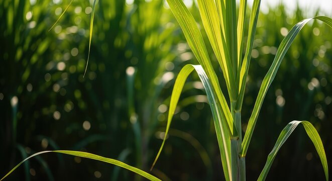 A lush green field of tall sugarcane stalks under bright sunlight, highlighting the natural source of glycolic acid for skincare products, green, sugarcane, skincare