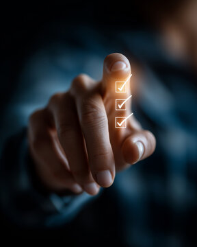 Checklist of Success: A fingertip activates a digital checklist, highlighting completed tasks with glowing checkmarks, symbolizing achievement and progress.