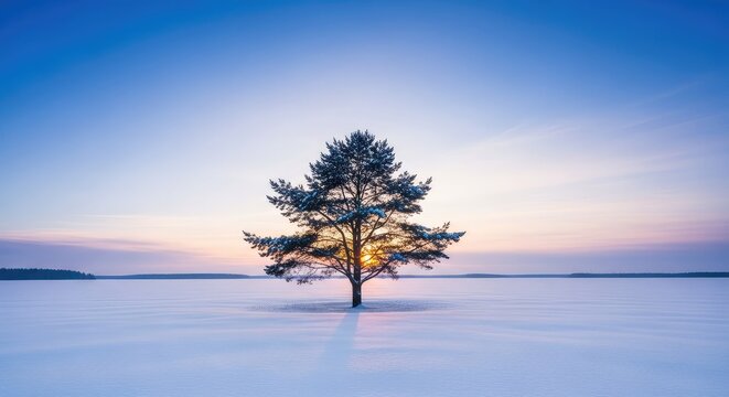 A minimalist winter landscape features a lone pine tree centered in a vast snowy field as the setting sun paints the horizon in cool tones, quiet, ice, fir