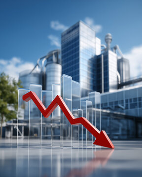 Economic Downturn in Industry: A red arrow graph indicates a sharp decline against a backdrop of modern industrial architecture, symbolizing economic recession and business challenges.