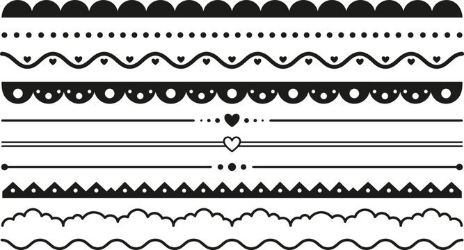 Decorative border dividers and floral lace pattern vector line set with hearts wavy trims and scalloped edges