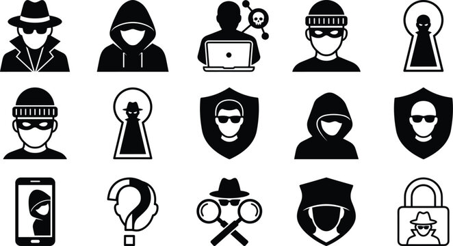 Cyber hacker spy and anonymous criminal silhouette vector icon set with shield laptop padlock magnifying glass keyhole
