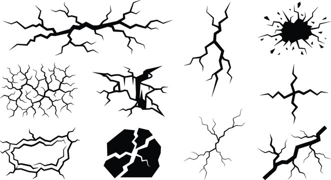Ground surface fracture and broken wall crack silhouette vector icon set with earthquake damage concrete splits effects