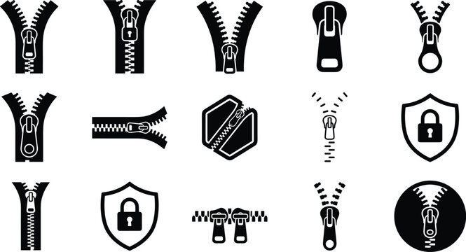 Clothing zipper fastener and digital privacy protection vector icon set with lock shield open closed slider teeth