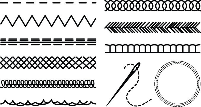 Sewing machine stitches and embroidery border line vector brush set with needle thread cross and zigzag elements