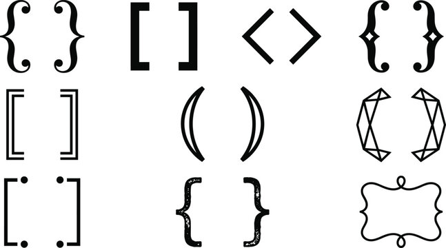 Text bracket and punctuation parenthesis typographic vector icon set with curly brace square angle and decorative borders