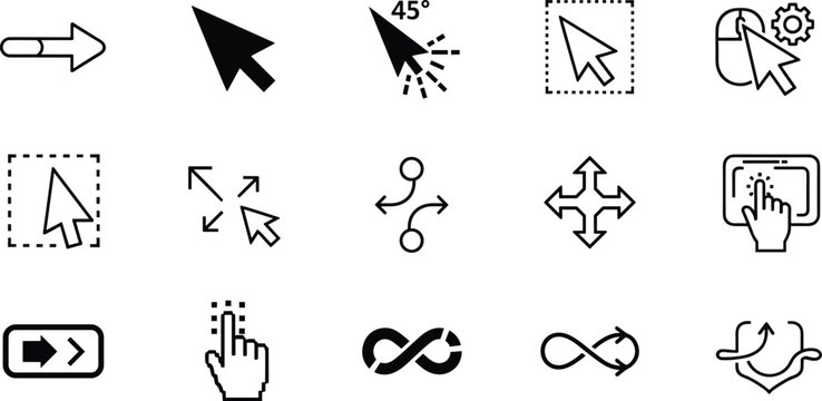 Computer mouse cursor and user interface pointer vector icon set with arrow hand selection and infinity loop