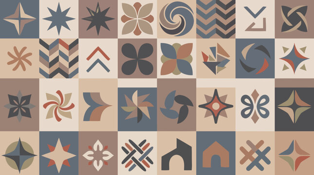 Seamless pattern with geometric abstract shapes in a midcentury modern style