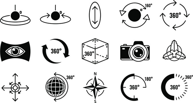 Real estate virtual tour and panoramic simulation line vector icon set with camera degree arrows and compass