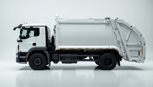 White garbage truck vehicle shown from side view. Modern sanitation machine for waste collection and disposal. Clean urban transport industry equipment for city services and logistics.