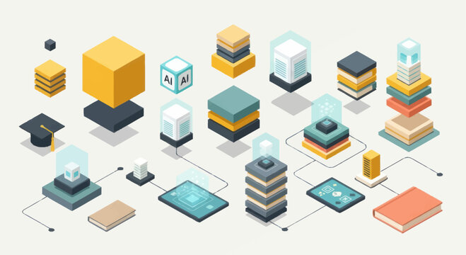 Abstract digital technology and data processing isometric illustration.