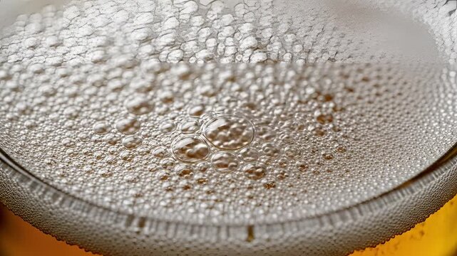Close up macro shot of beer foam bubbles in a glass.