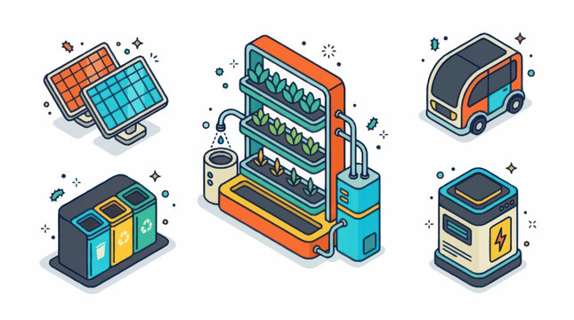 Sustainable technology and green energy concepts isometric illustration.