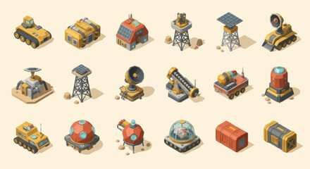 Collection of isometric military buildings and vehicles. © berkah nikah