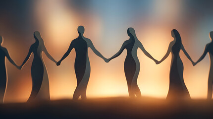 Fototapeta premium Silhouettes of diverse people holding hands in warm sunset glow unity