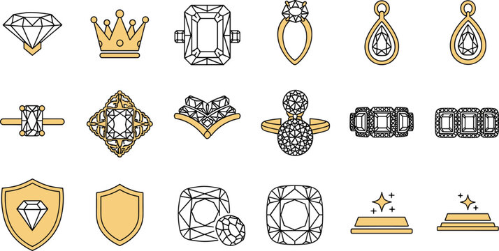 Luxury diamond jewelry and gold gemstone vector icon set with crown ring pendant earrings necklace and shield