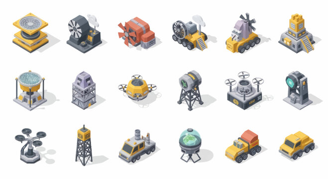 Isometric industrial factory buildings and vehicles collection.