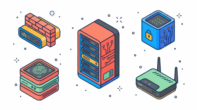 Isometric computer server rack and network equipment icons.